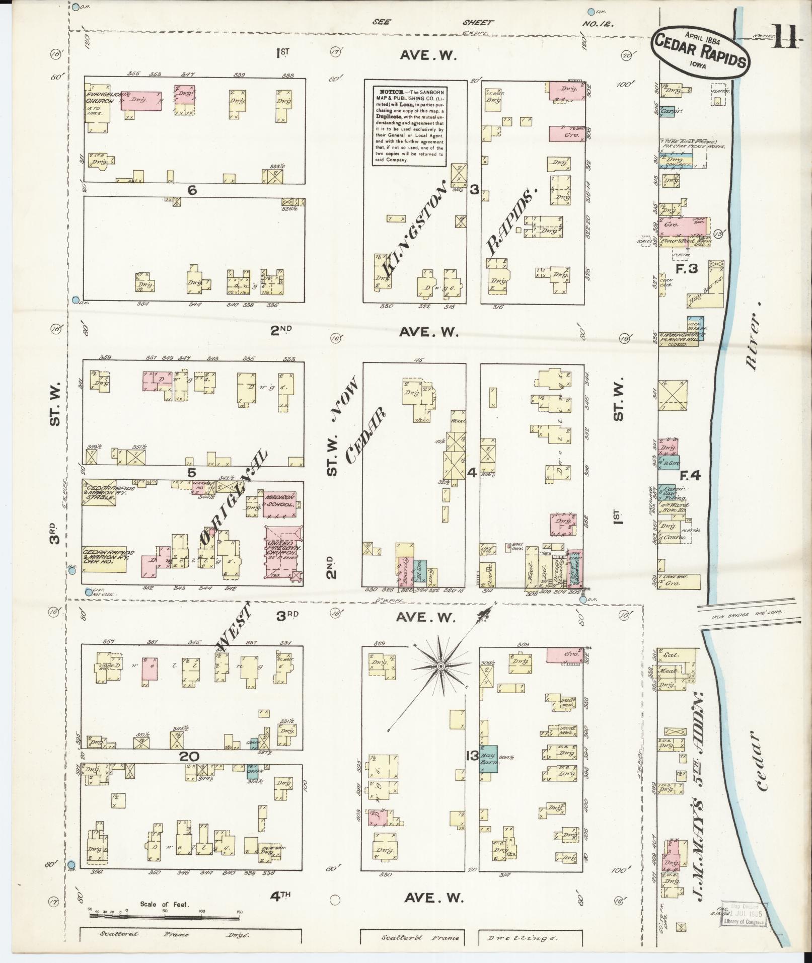 Sanborn Fire Insurance Map from Cedar Rapids, Linn County, Iowa (1884), Sheet #0011 - Historic Sanborn Fire Insurance Map Print, vintage old map wall art