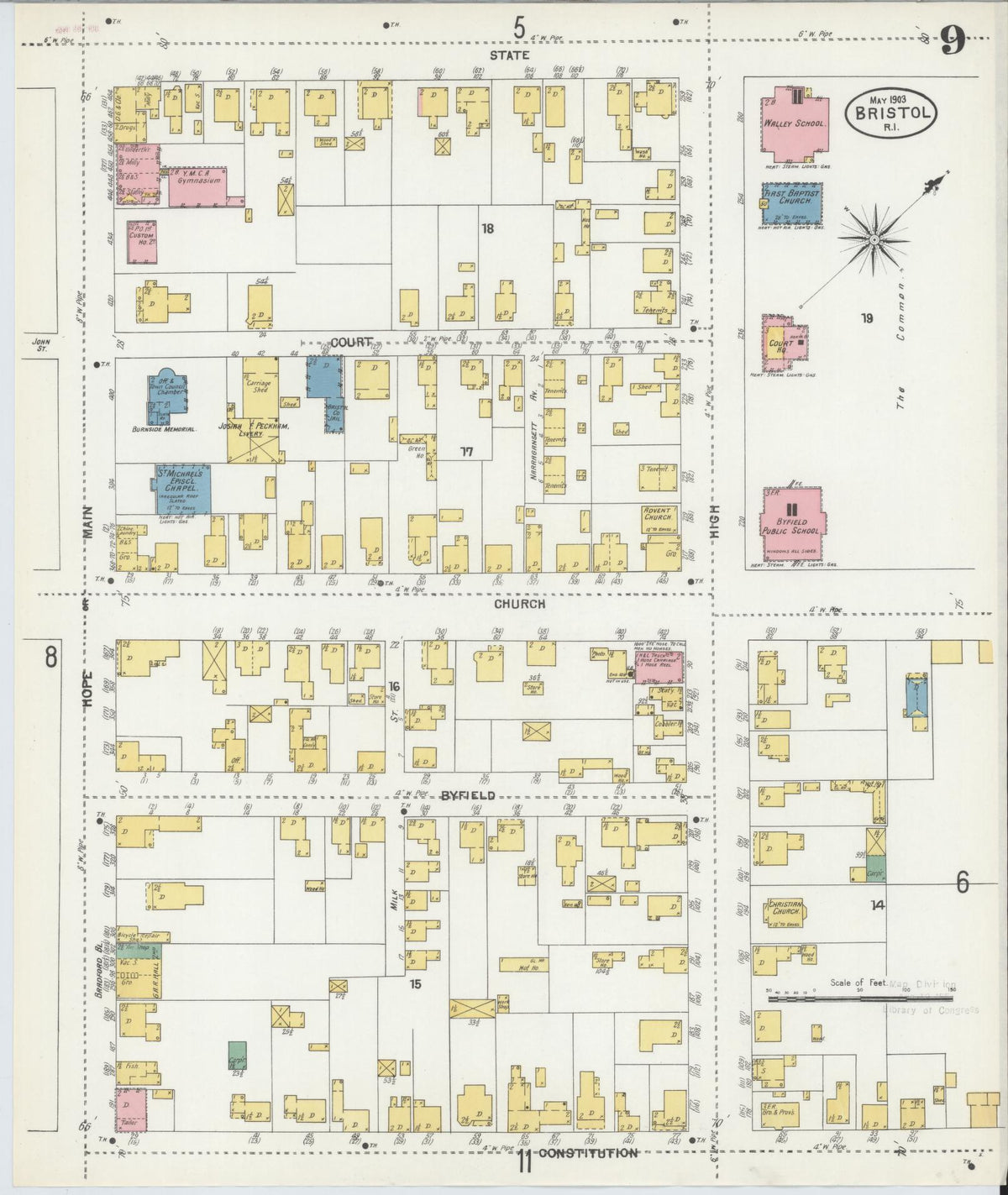 Sanborn Fire Insurance Map from Bristol, Bristol County, Rhode Island (1903), Sheet #0009 - Historic Sanborn Fire Insurance Map Print, vintage old map wall art, antique decor, genealogy gift, Rhode Island Rhode Island map