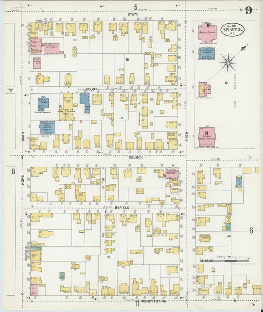 Sanborn Fire Insurance Map from Bristol, Bristol County, Rhode Island (1903), Sheet #0009 - Historic Sanborn Fire Insurance Map Print, vintage old map wall art, antique decor, genealogy gift, Rhode Island Rhode Island map