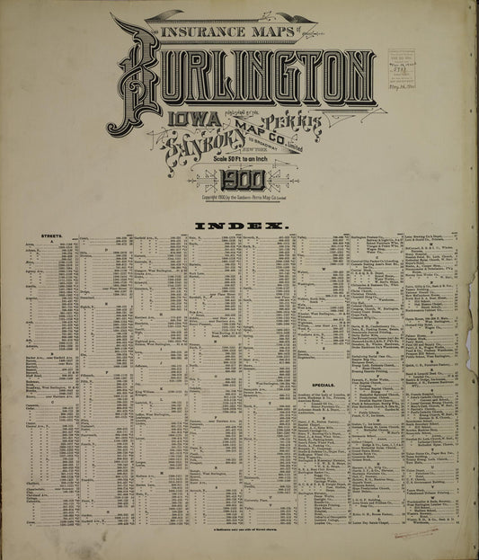 Sanborn Fire Insurance Map from Burlington, Des Moines County, Iowa (1900), Sheet #0001 - Historic Sanborn Fire Insurance Map Print, vintage old map wall art