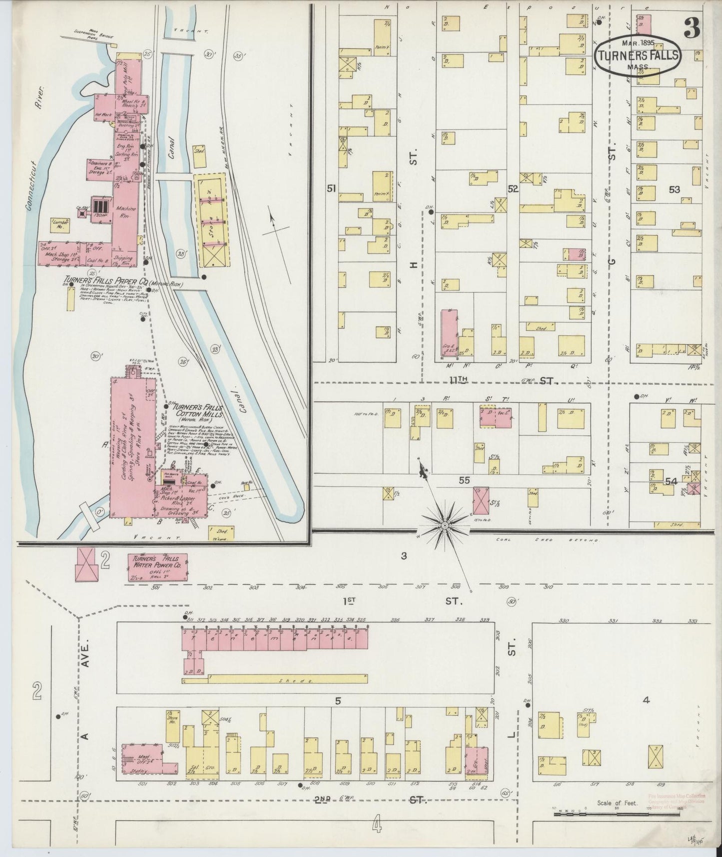 Sanborn Fire Insurance Map from Turners Falls, Franklin County, Massachusetts (1895), Sheet #0003 - Historic Sanborn Fire Insurance Map Print, vintage old map wall art, antique decor, genealogy gift, Massachusetts Massachusetts map
