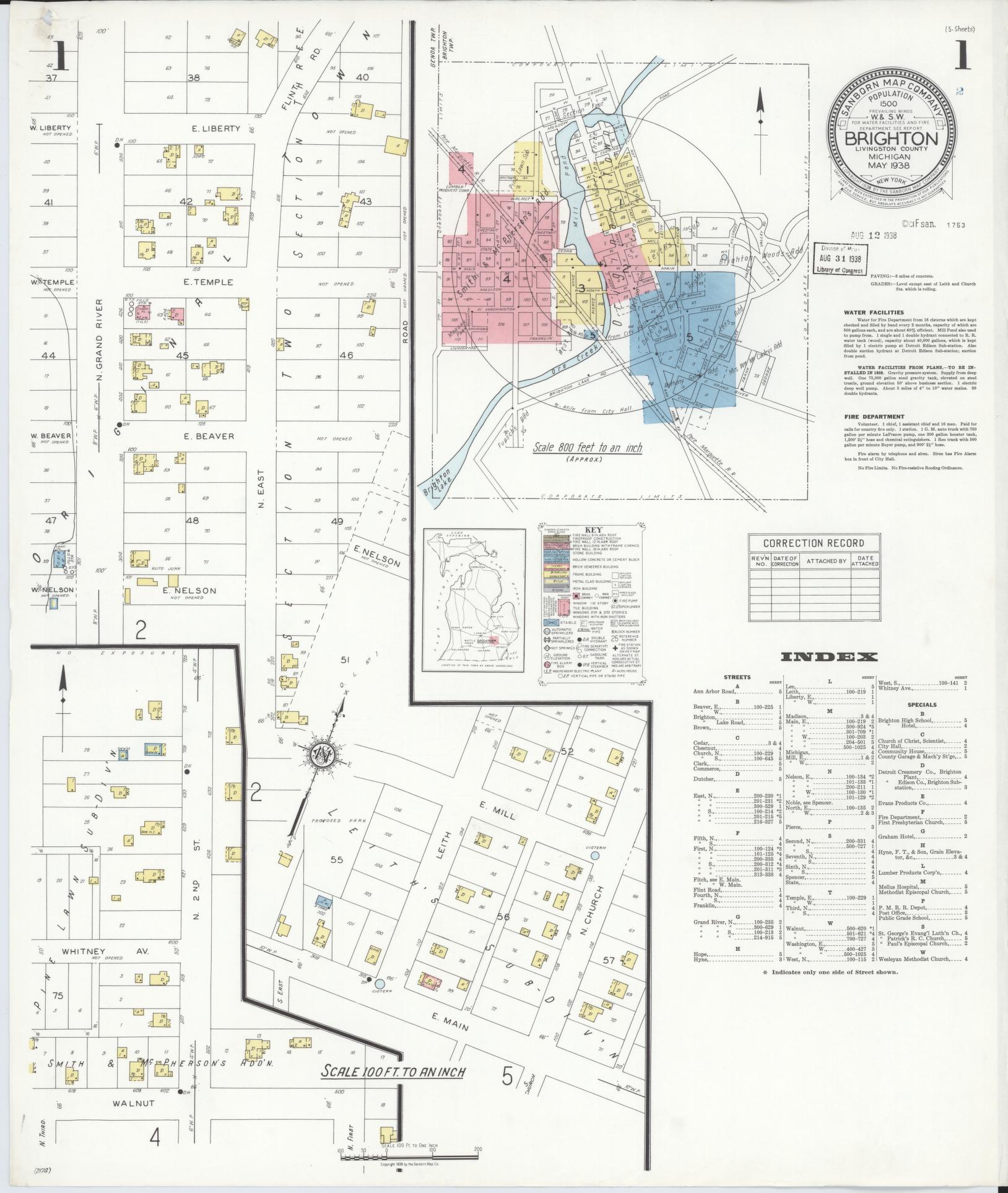 Sanborn Fire Insurance Map from Brighton, Livington County, Michigan (1938), Sheet #0001 - Complete Map Set gallery image, historic Sanborn map, vintage wall art, Michigan Michigan