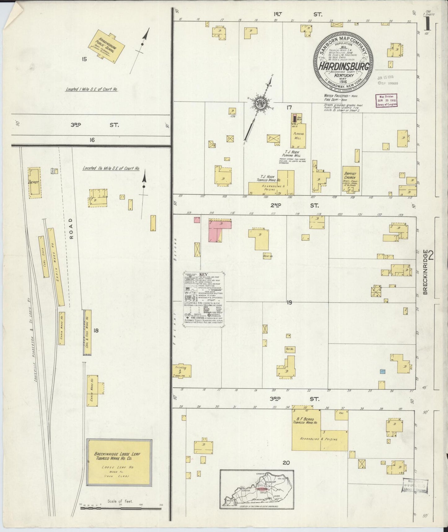 Sanborn Fire Insurance Map from Hardinsburg, Breckinridge County, Kentucky (1916), Sheet #0001 - Historic Sanborn Fire Insurance Map Print, vintage old map wall art, antique decor, genealogy gift, Kentucky Kentucky map