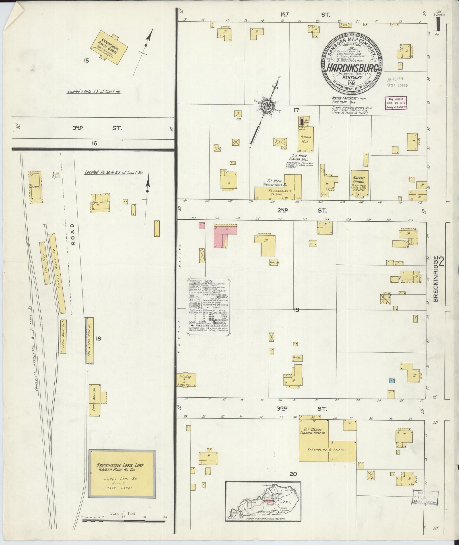 Sanborn Fire Insurance Map from Hardinsburg, Breckinridge County, Kentucky (1916), Sheet #0001 - Historic Sanborn Fire Insurance Map Print, vintage old map wall art, antique decor, genealogy gift, Kentucky Kentucky map