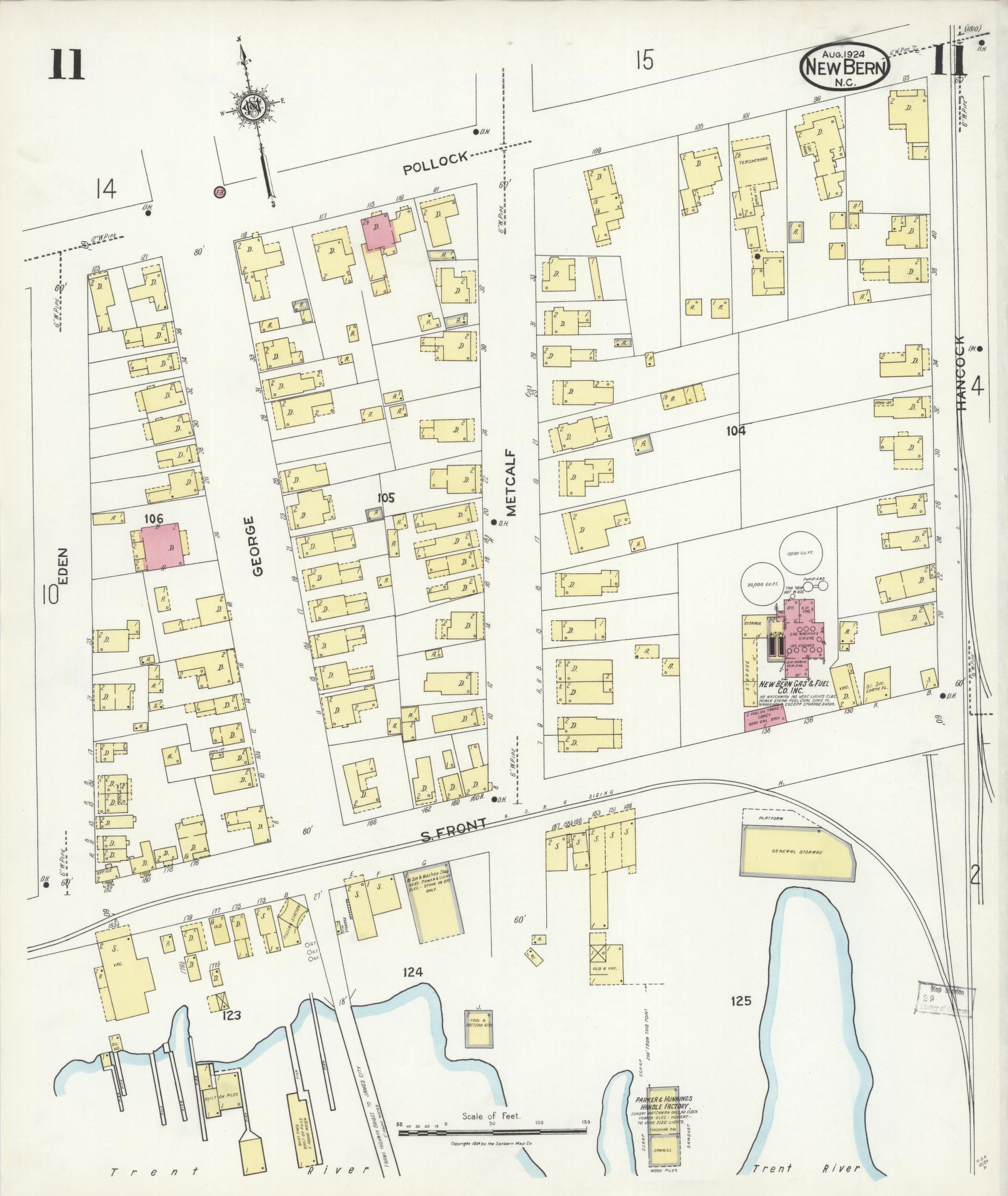 Sanborn Fire Insurance Map from New Bern, Craven County, North Carolina (1924), Sheet #0011 - Historic Sanborn Fire Insurance Map Print, vintage old map wall art, antique decor, genealogy gift, North Carolina North Carolina map