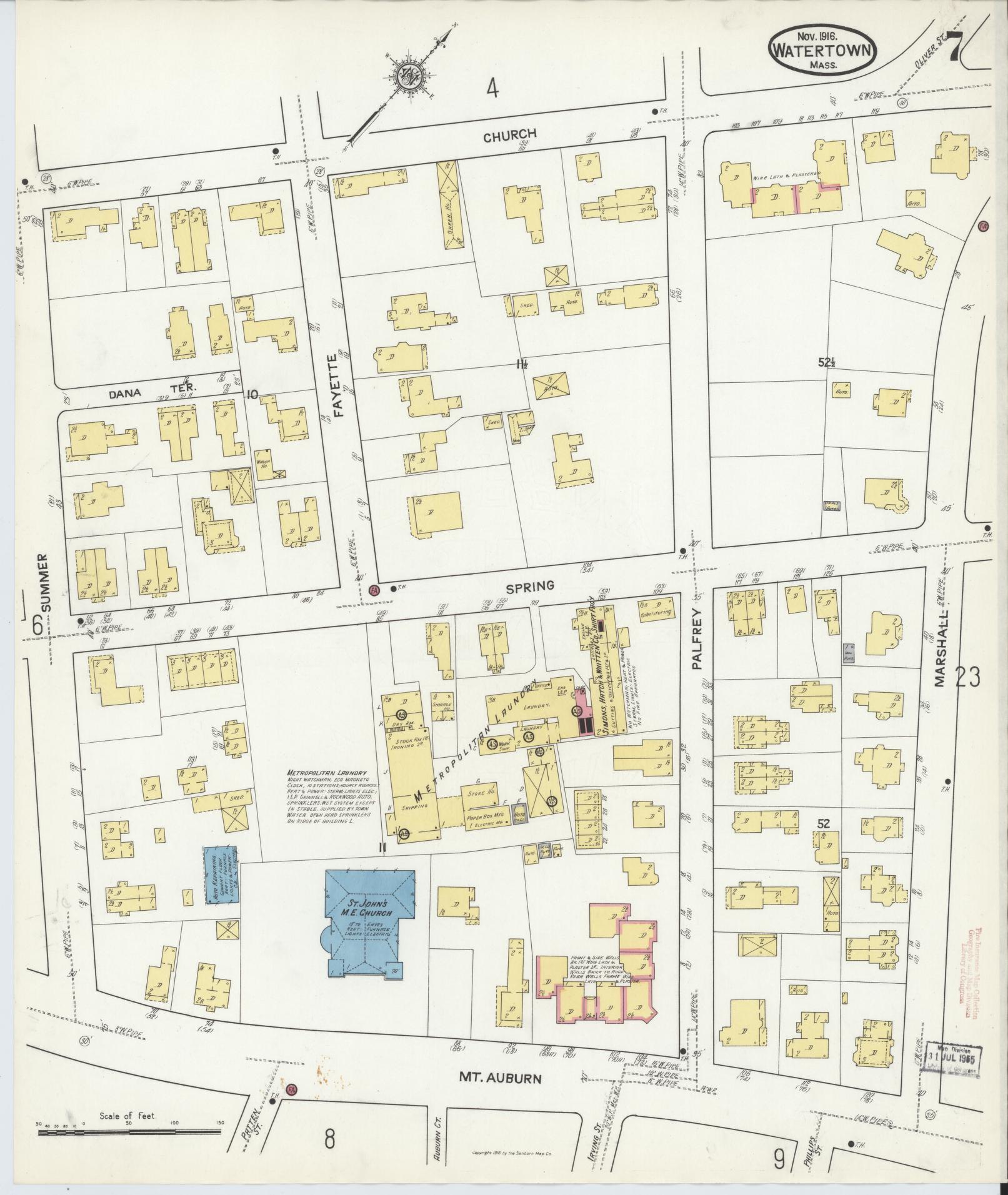 Sanborn Fire Insurance Map from Watertown, Middlesex County, Massachusetts (1916), Sheet #0007 - Complete Map Set gallery image, historic Sanborn map, vintage wall art, Massachusetts Massachusetts