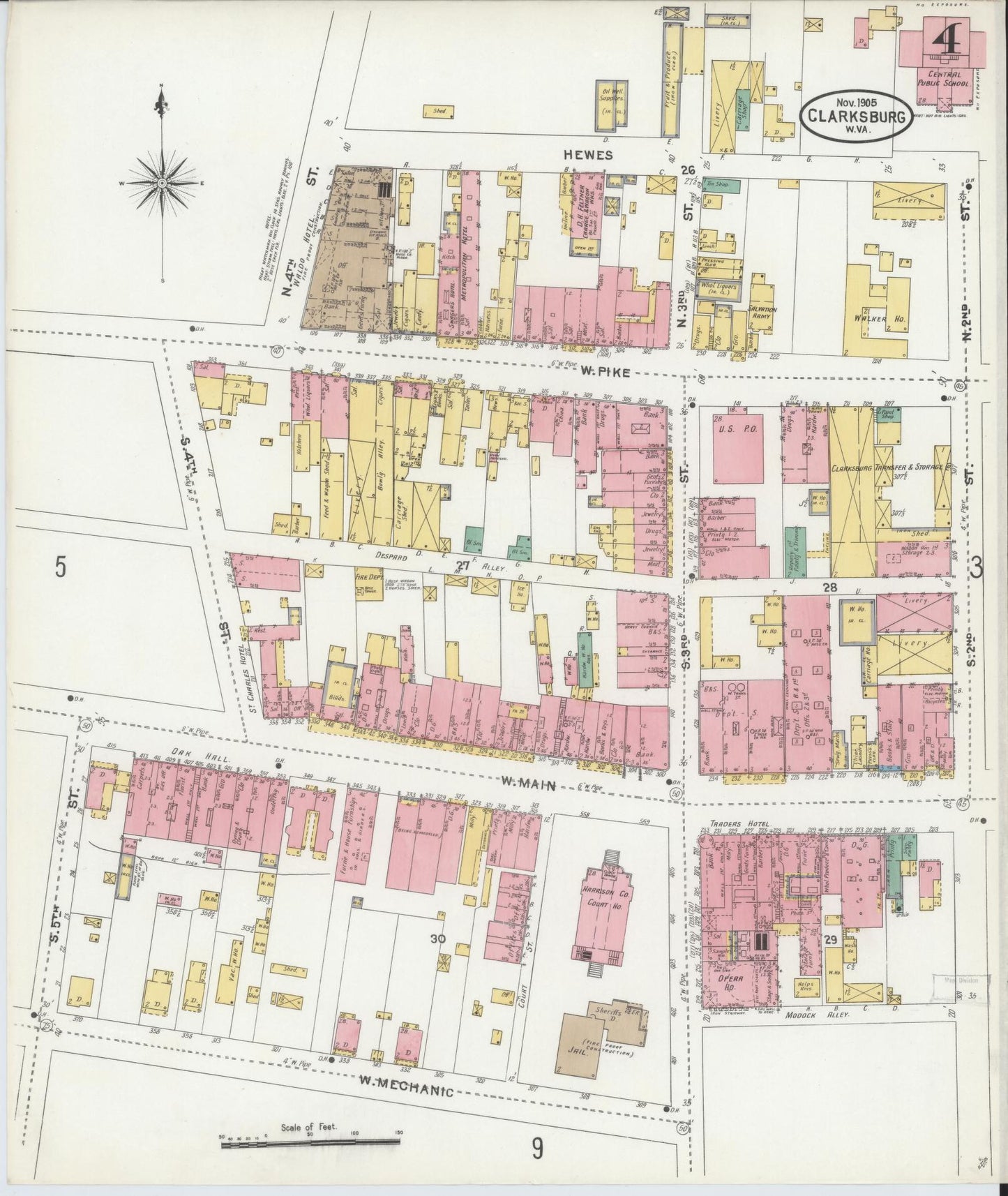 Sanborn Fire Insurance Map from Clarksburg, Harrison County, West Virginia (1905), Sheet #0004 - Complete Map Set gallery image, historic Sanborn map, vintage wall art, West Virginia West Virginia
