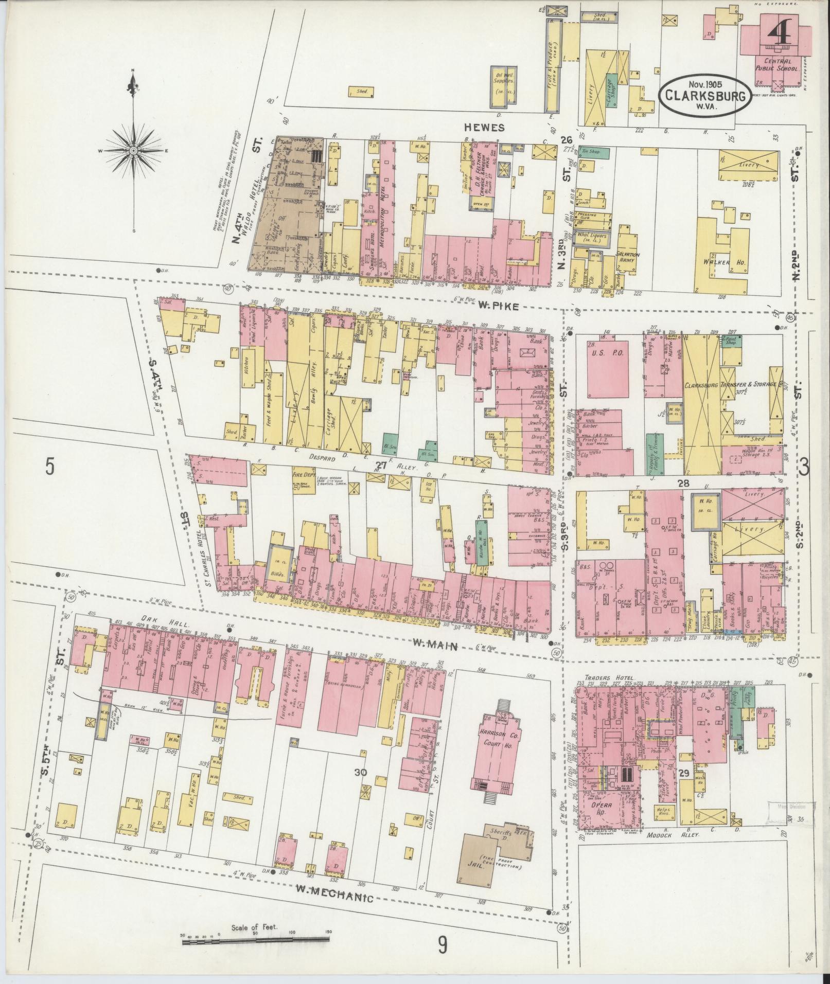 Sanborn Fire Insurance Map from Clarksburg, Harrison County, West Virginia (1905), Sheet #0004 - Complete Map Set gallery image, historic Sanborn map, vintage wall art, West Virginia West Virginia