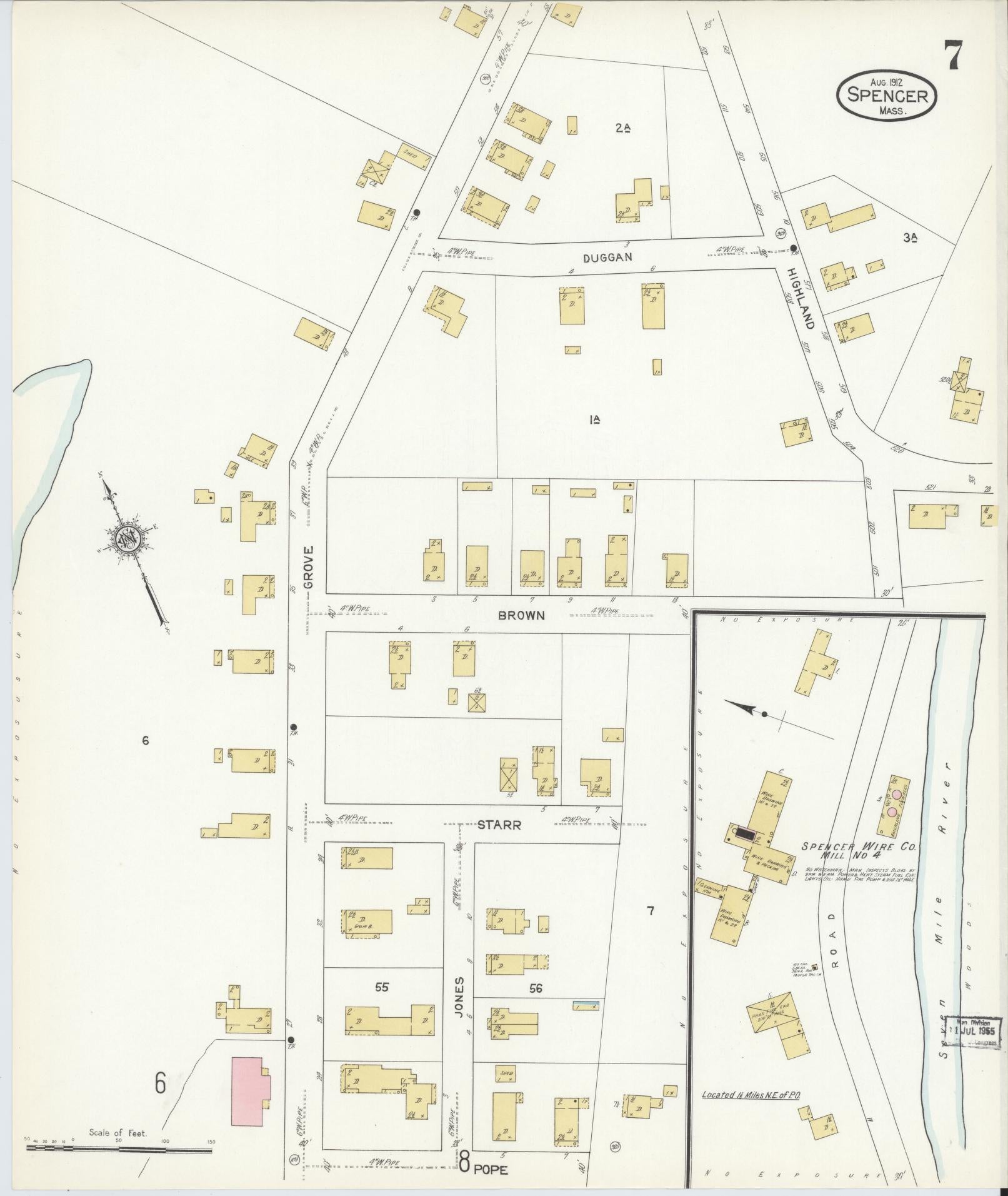 Sanborn Fire Insurance Map from Spencer, Worcester County, Massachusetts (1912), Sheet #0007 - Historic Sanborn Fire Insurance Map Print, vintage old map wall art, antique decor, genealogy gift, Massachusetts Massachusetts map