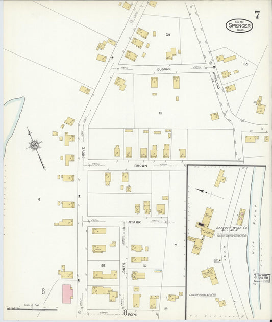 Sanborn Fire Insurance Map from Spencer, Worcester County, Massachusetts (1912), Sheet #0007 - Historic Sanborn Fire Insurance Map Print, vintage old map wall art, antique decor, genealogy gift, Massachusetts Massachusetts map