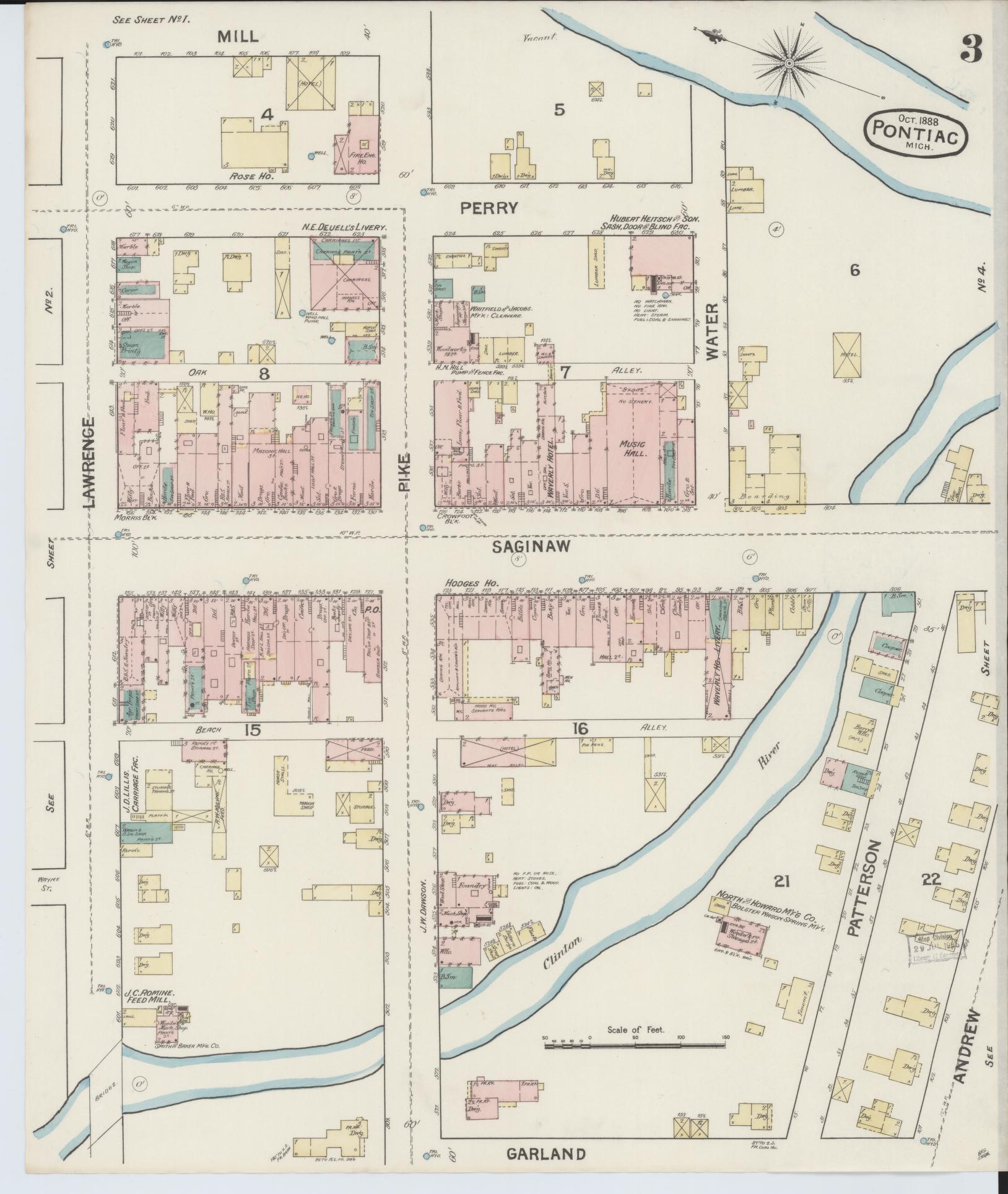 Sanborn Fire Insurance Map from Pontiac, Oakland County, Michigan (1888), Sheet #0003 - Complete Map Set gallery image, historic Sanborn map, vintage wall art, Michigan Michigan