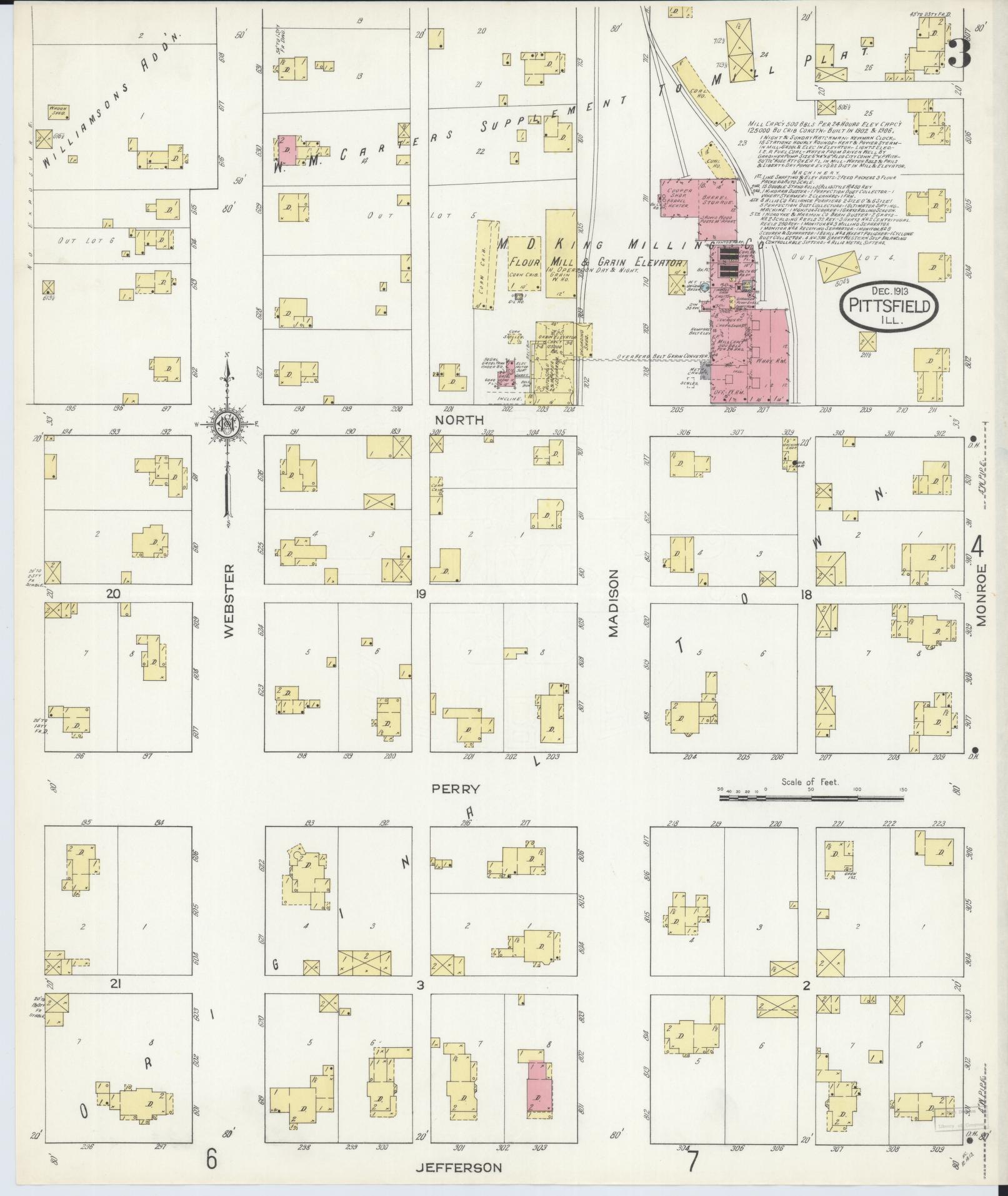 Sanborn Fire Insurance Map from Pittsfield, Pike County, Illinois (1913), Sheet #0003 - Historic Sanborn Fire Insurance Map Print, vintage old map wall art, antique decor, genealogy gift, Illinois Illinois map