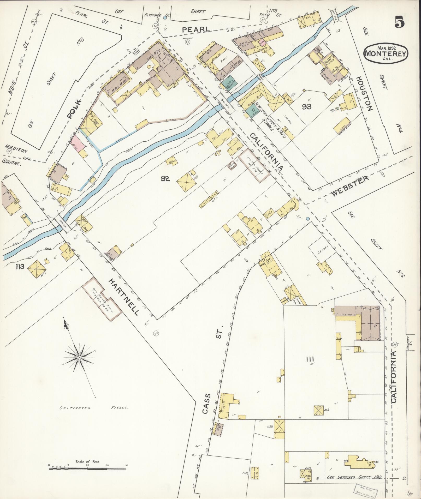 Sanborn Fire Insurance Map from Monterey, Monterey County, California (1892), Sheet #0005 - Historic Sanborn Fire Insurance Map Print, vintage old map wall art, antique decor, genealogy gift, California California map