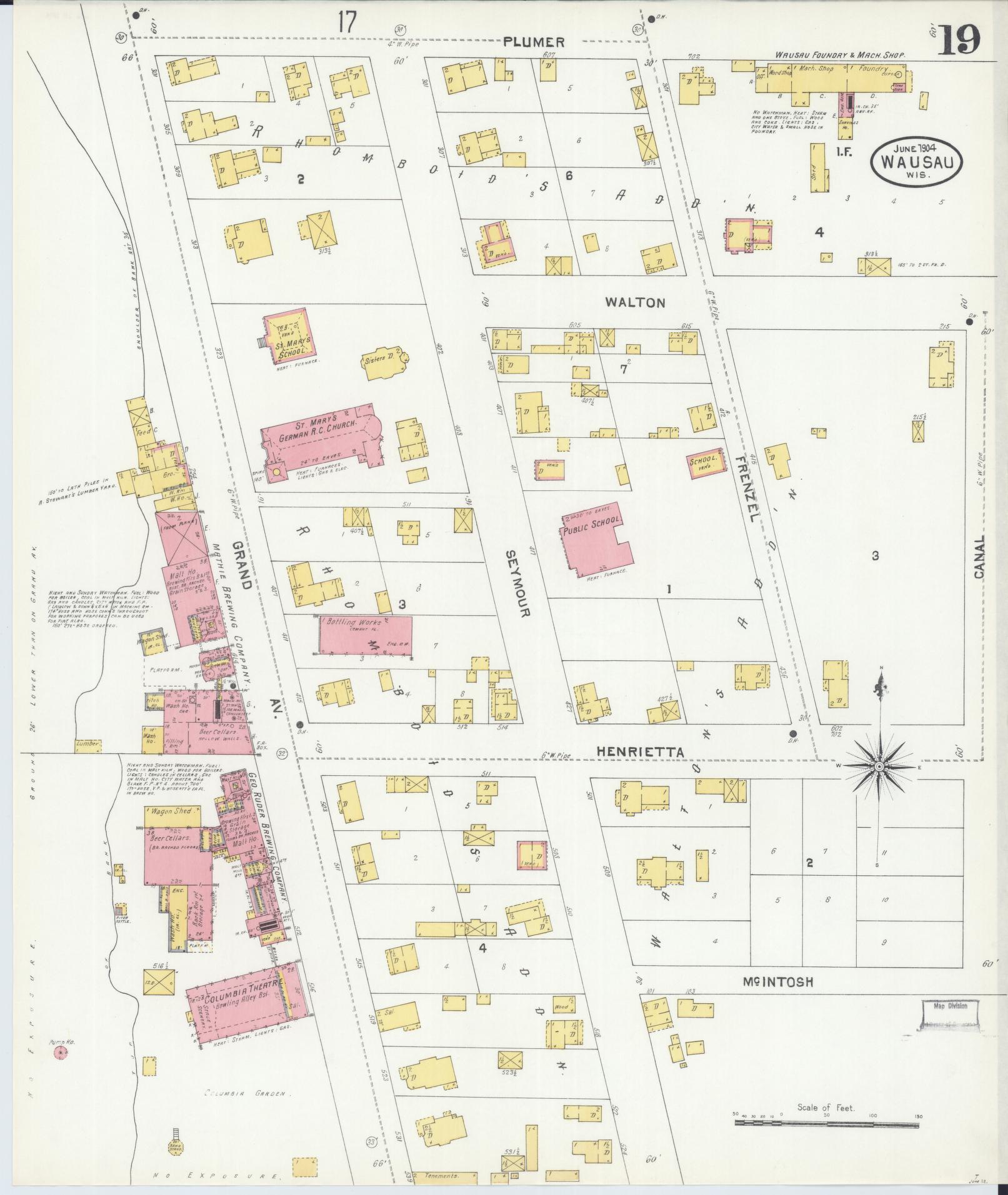 Sanborn Fire Insurance Map from Wausau, Marathon County, Wisconsin (1904), Sheet #0019 - Historic Sanborn Fire Insurance Map Print, vintage old map wall art, antique decor, genealogy gift, Wisconsin Wisconsin map