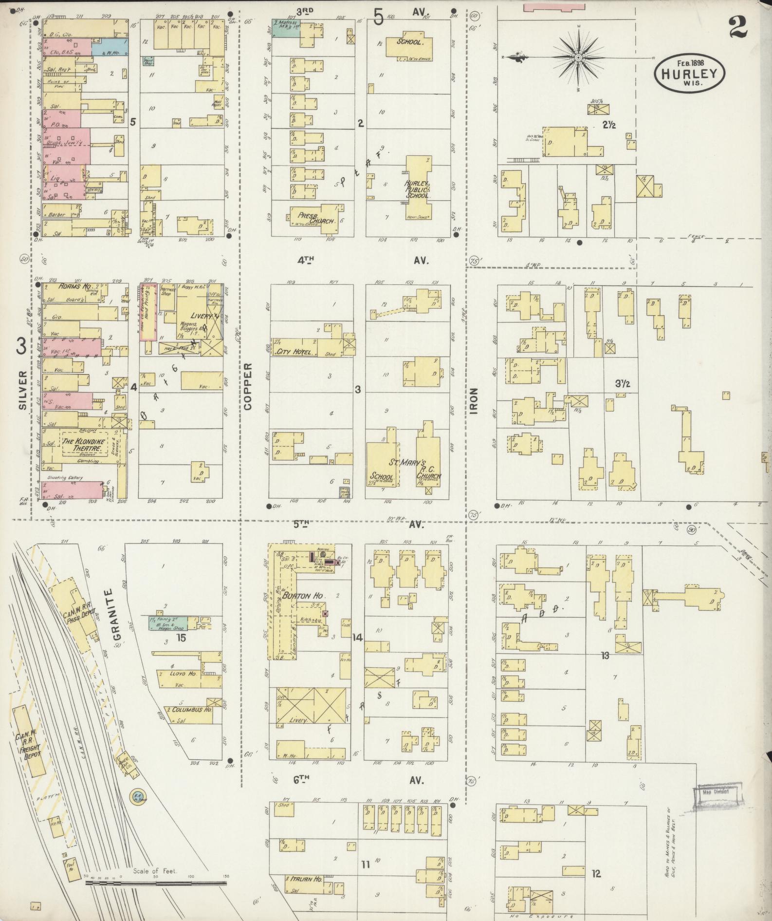 Sanborn Fire Insurance Map from Hurley, Iron County, Wisconsin (1898), Sheet #0002 - Complete Map Set gallery image, historic Sanborn map, vintage wall art, Wisconsin Wisconsin