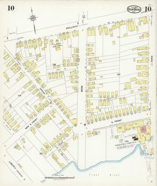 Sanborn Fire Insurance Map from New Bern, Craven County, North Carolina (1924), Sheet #0010 - Historic Sanborn Fire Insurance Map Print, vintage old map wall art, antique decor, genealogy gift, North Carolina North Carolina map