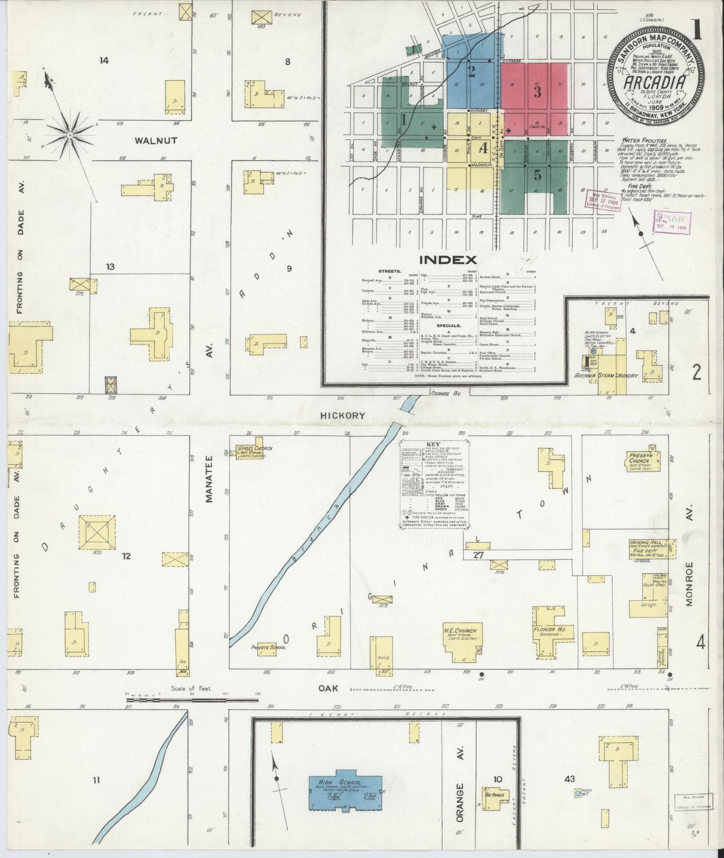 Sanborn Fire Insurance Map from Arcadia, DeSoto County, Florida (1909), Sheet #0001 - Historic Sanborn Fire Insurance Map Print, vintage old map wall art, antique decor, genealogy gift, Florida Florida map