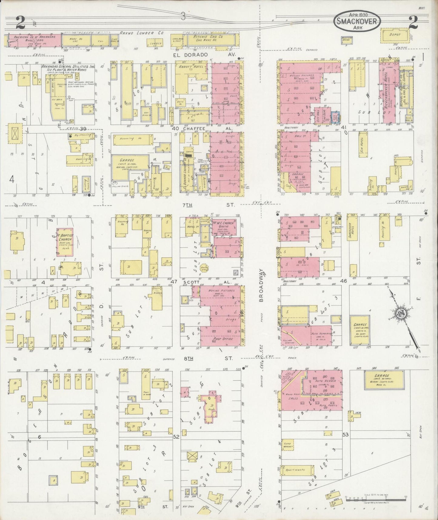Sanborn Fire Insurance Map from Smackover, Union County, Arkansas (1930), Sheet #0002 - Complete Map Set gallery image, historic Sanborn map, vintage wall art, Arkansas Arkansas