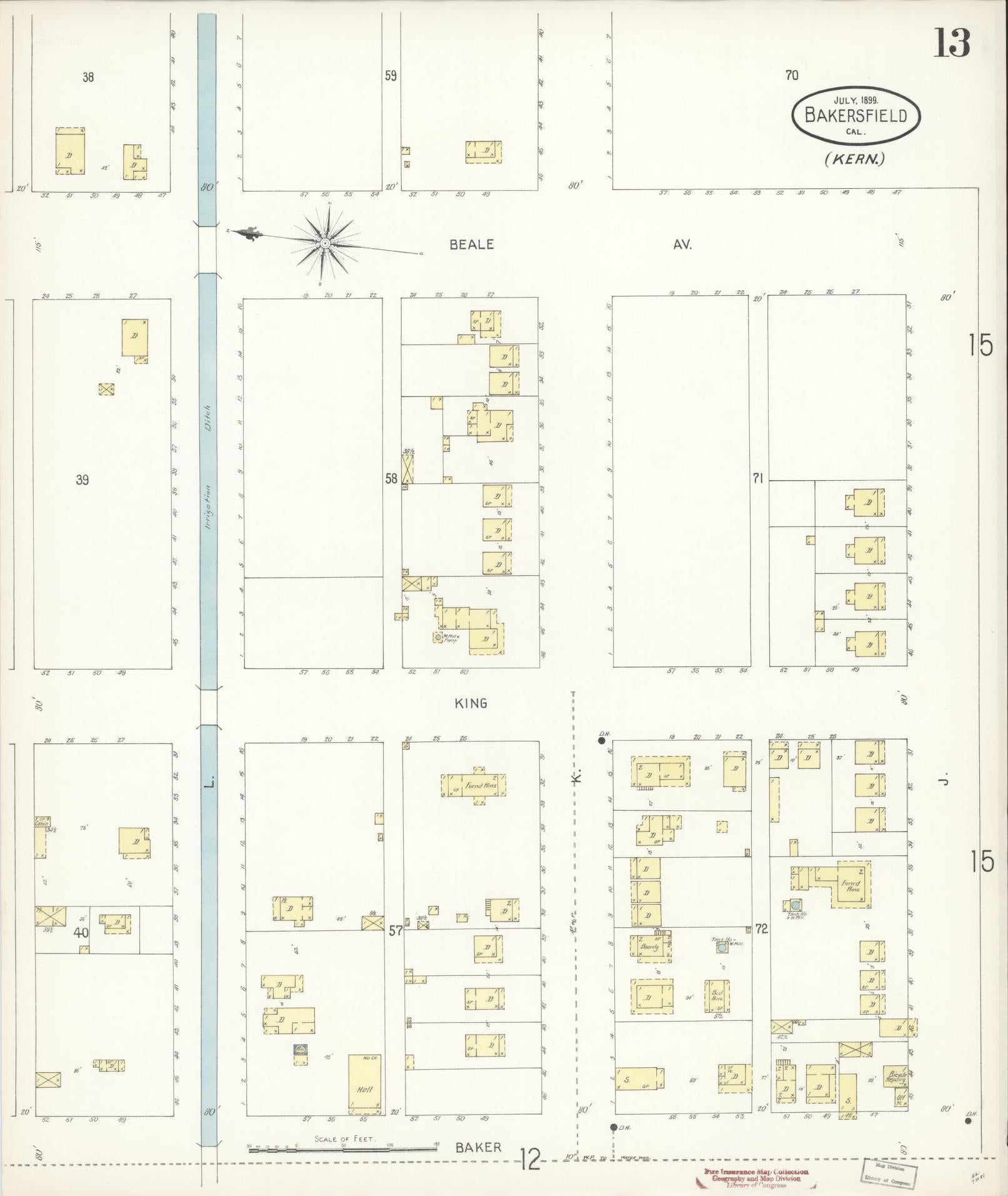 Sanborn Fire Insurance Map from Bakersfield, Kern County, California (1899), Sheet #0013 - Historic Sanborn Fire Insurance Map Print, vintage old map wall art, antique decor, genealogy gift, California California map