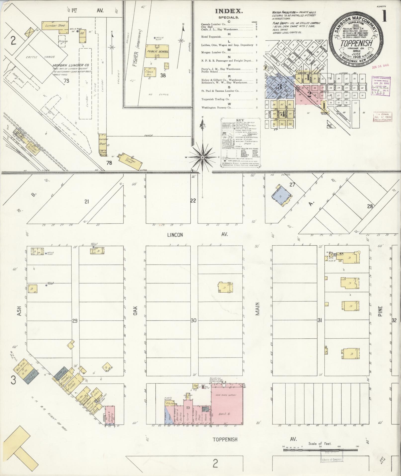 Sanborn Fire Insurance Map from Toppenish, Yakima County, Washington (1908), Sheet #0001 - Complete Map Set gallery image, historic Sanborn map, vintage wall art, Washington Washington