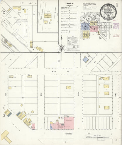 Sanborn Fire Insurance Map from Toppenish, Yakima County, Washington (1908), Sheet #0001 - Complete Map Set gallery image, historic Sanborn map, vintage wall art, Washington Washington