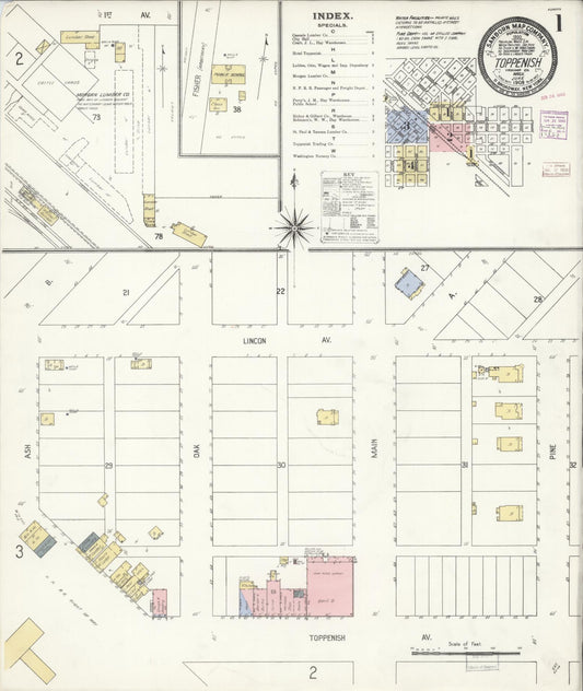 Sanborn Fire Insurance Map from Toppenish, Yakima County, Washington (1908), Sheet #0001 - Complete Map Set gallery image, historic Sanborn map, vintage wall art, Washington Washington