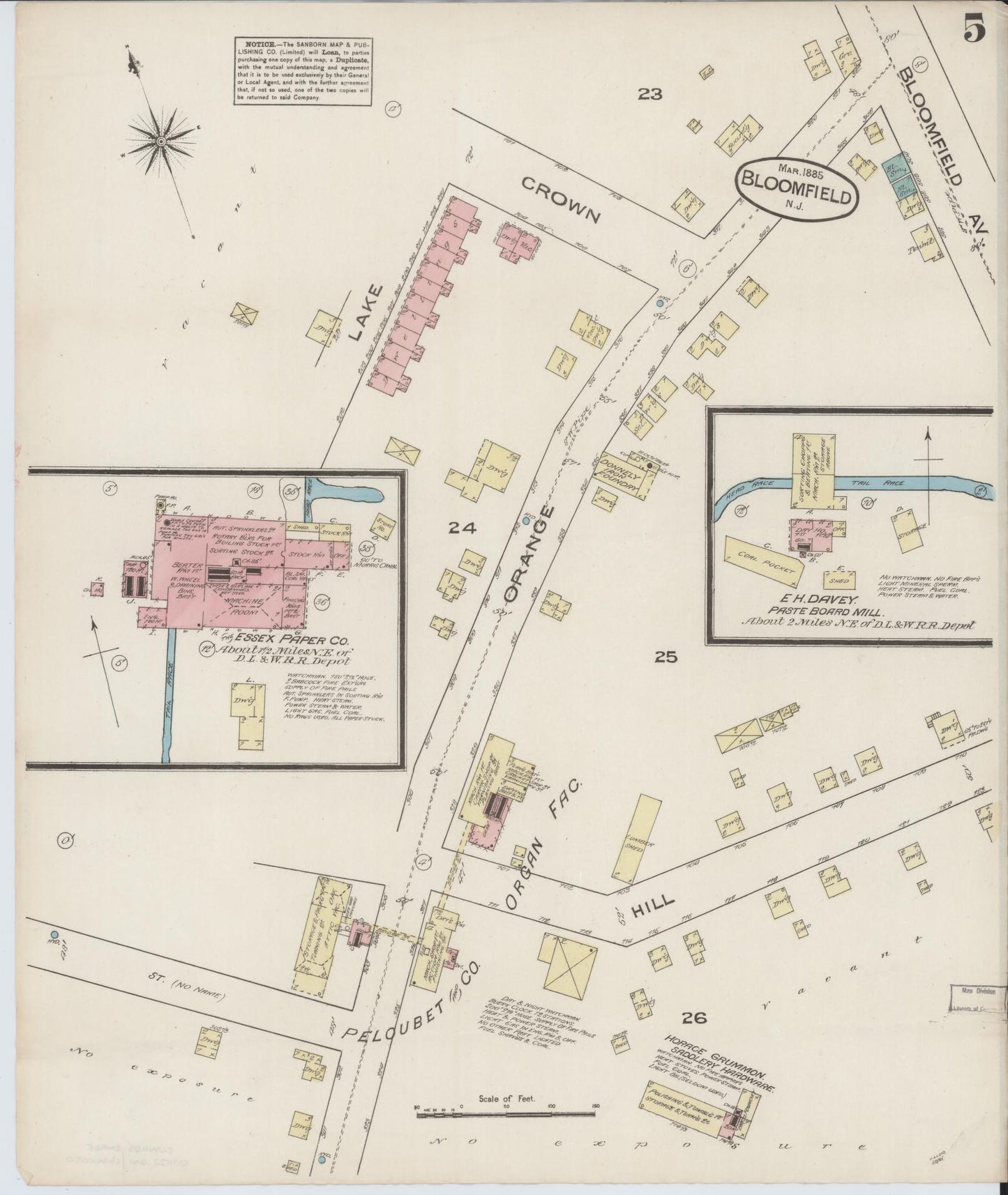 Sanborn Fire Insurance Map from Bloomfield, Essex County, New Jersey (1885), Sheet #0005 - Historic Sanborn Fire Insurance Map Print, vintage old map wall art, antique decor, genealogy gift, New Jersey New Jersey map