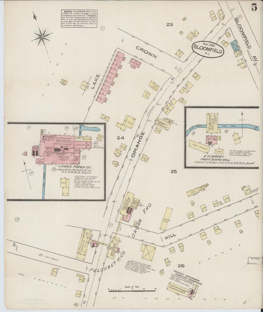 Sanborn Fire Insurance Map from Bloomfield, Essex County, New Jersey (1885), Sheet #0005 - Historic Sanborn Fire Insurance Map Print, vintage old map wall art, antique decor, genealogy gift, New Jersey New Jersey map