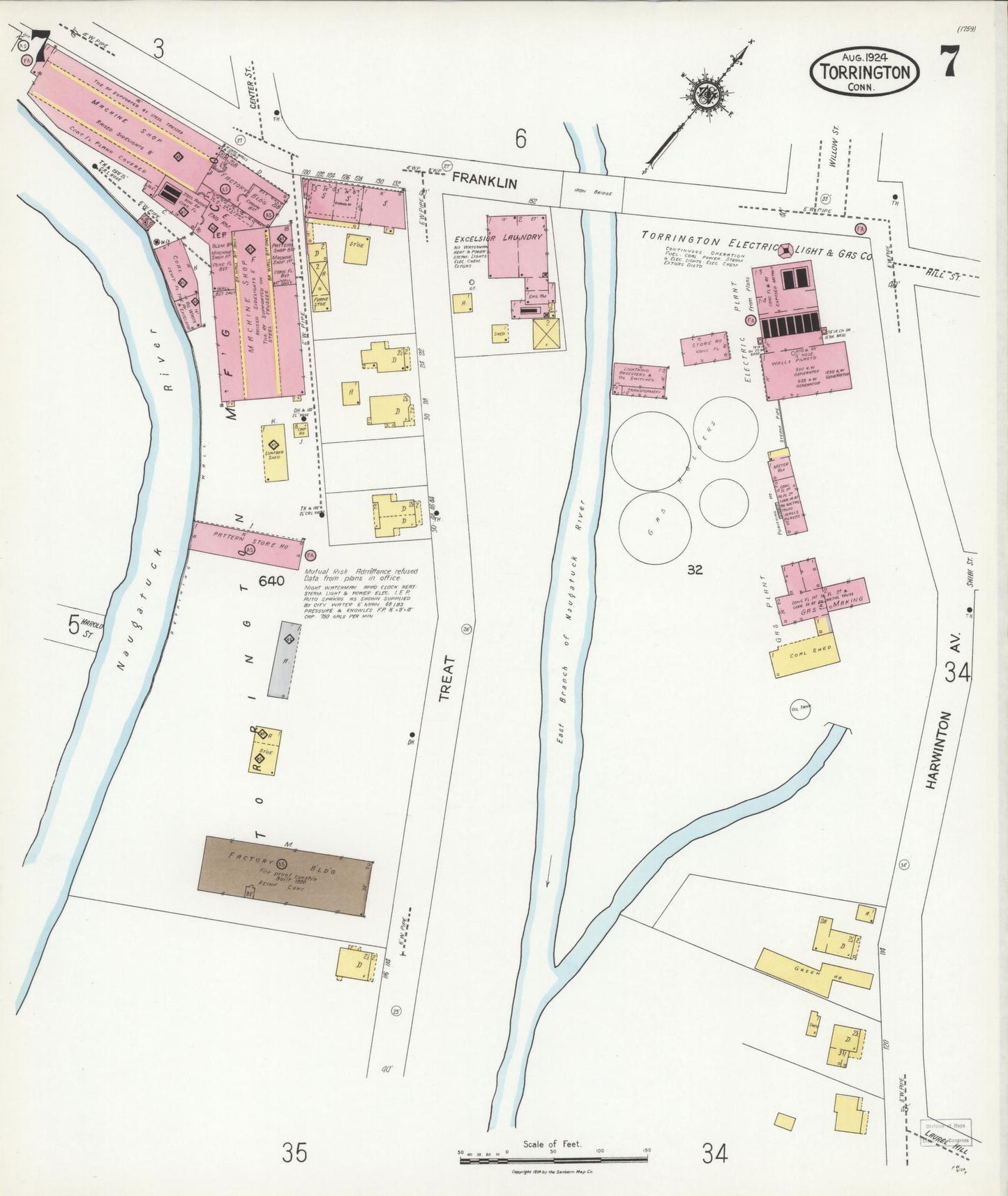 Sanborn Fire Insurance Map from Torrington, Litchfield County, Connecticut (1924), Sheet #0007 - Complete Map Set gallery image, historic Sanborn map, vintage wall art, Connecticut Connecticut
