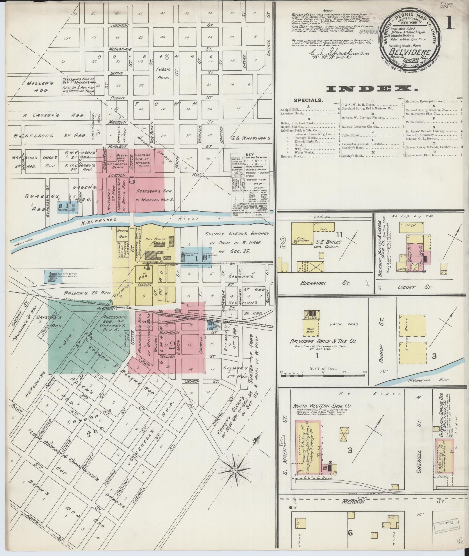 Sanborn Fire Insurance Map from Belvidere, Boone County, Illinois (1892), Sheet #0001 - Complete Map Set gallery image, historic Sanborn map, vintage wall art, Illinois Illinois