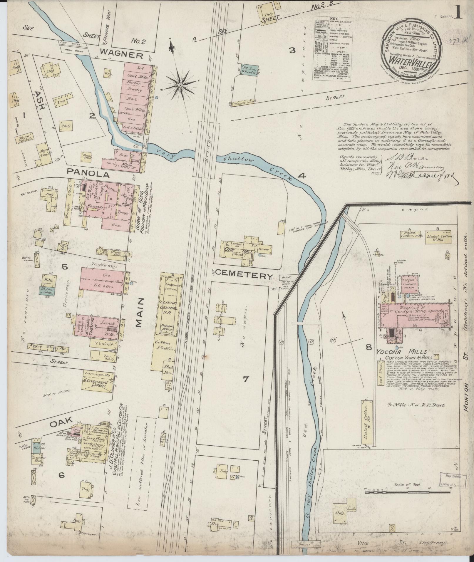Sanborn Fire Insurance Map from Water Valley, Yalobusha County, Mississippi (1885), Sheet #0001 - Historic Sanborn Fire Insurance Map Print, vintage old map wall art, antique decor, genealogy gift, Mississippi Mississippi map
