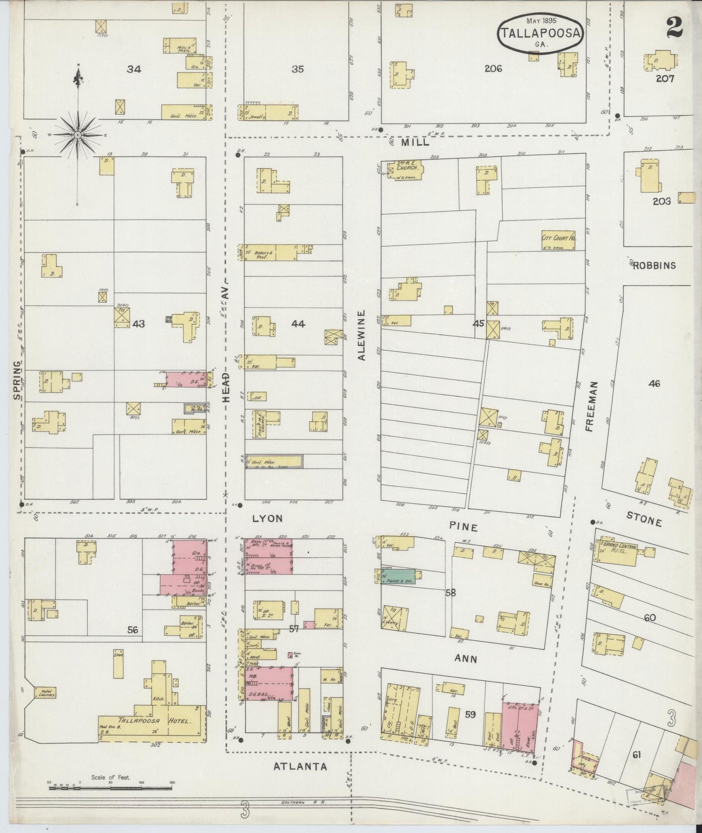 Sanborn Fire Insurance Map from Tallapoosa, Haralson County, Georgia (1895), Sheet #0002 - Historic Sanborn Fire Insurance Map Print, vintage old map wall art, antique decor, genealogy gift, Georgia Georgia map