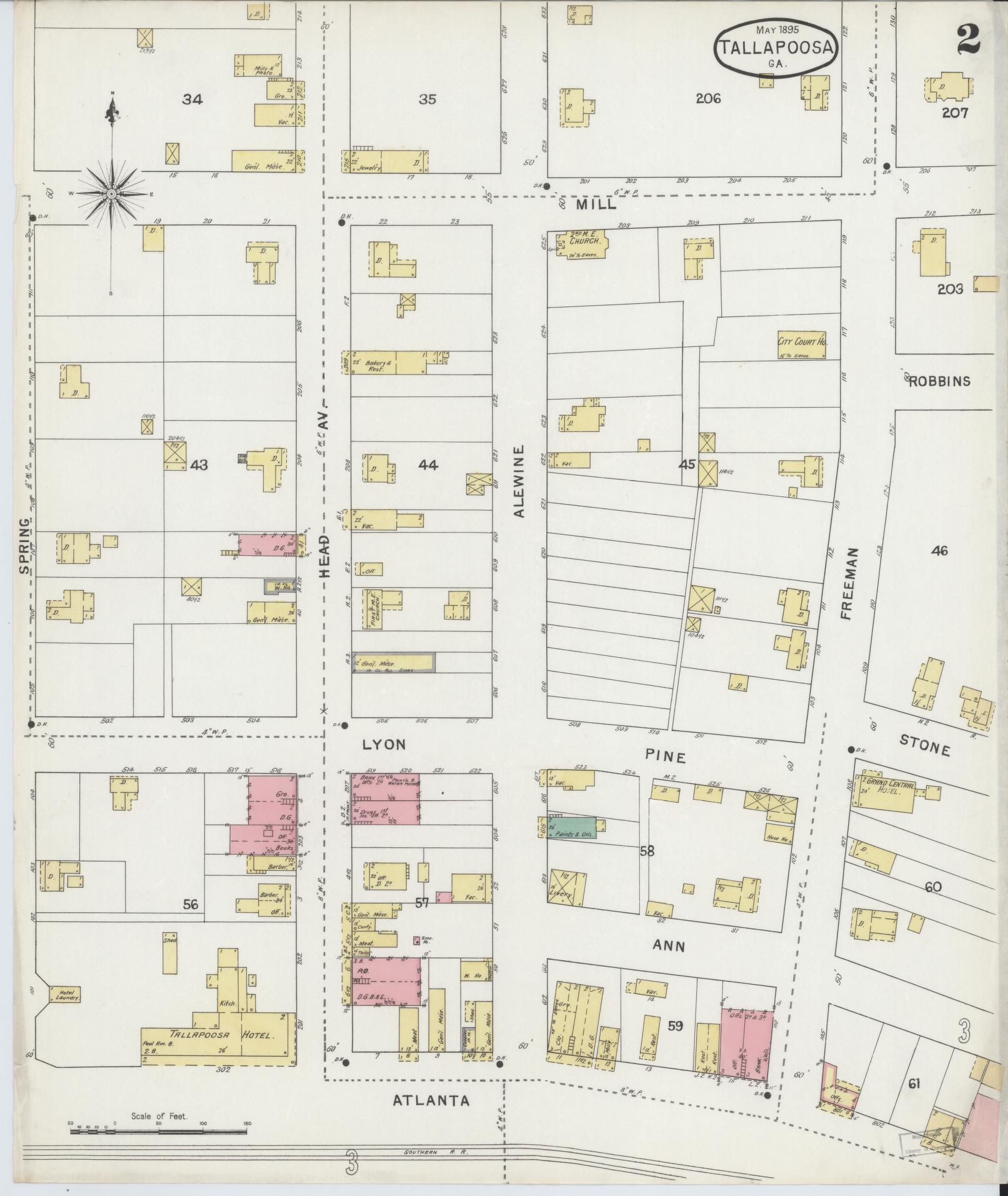 Sanborn Fire Insurance Map from Tallapoosa, Haralson County, Georgia (1895), Sheet #0002 - Historic Sanborn Fire Insurance Map Print, vintage old map wall art, antique decor, genealogy gift, Georgia Georgia map
