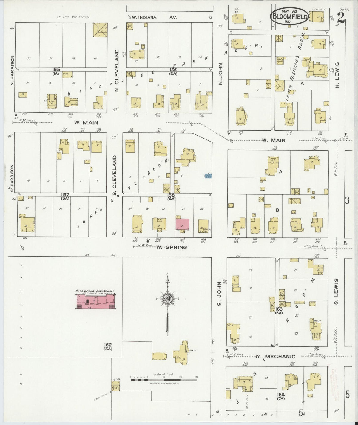 Sanborn Fire Insurance Map from Bloomfield, Greene County, Indiana (1921), Sheet #0002 - Historic Sanborn Fire Insurance Map Print, vintage old map wall art, antique decor, genealogy gift, Indiana Indiana map