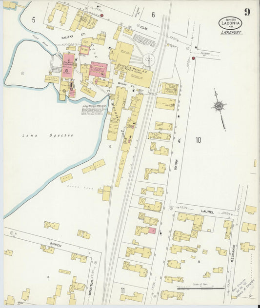 Sanborn Fire Insurance Map from Laconia, Belknap County, New Hampshire (1911), Sheet #0009 - Historic Sanborn Fire Insurance Map Print, vintage old map wall art, antique decor, genealogy gift, New Hampshire New Hampshire map