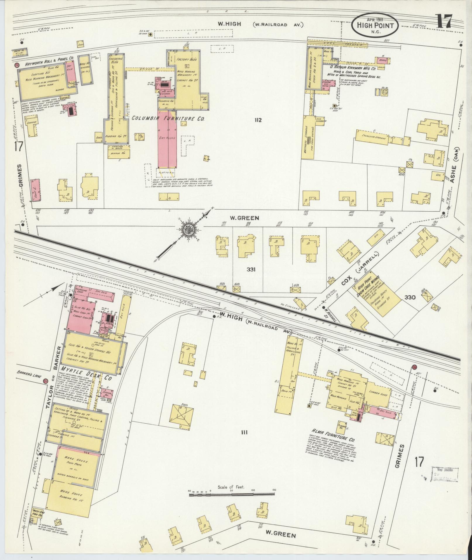 Sanborn Fire Insurance Map from High Point, Guilford County, North Carolina (1911), Sheet #0017 - Complete Map Set gallery image, historic Sanborn map, vintage wall art, North Carolina North Carolina