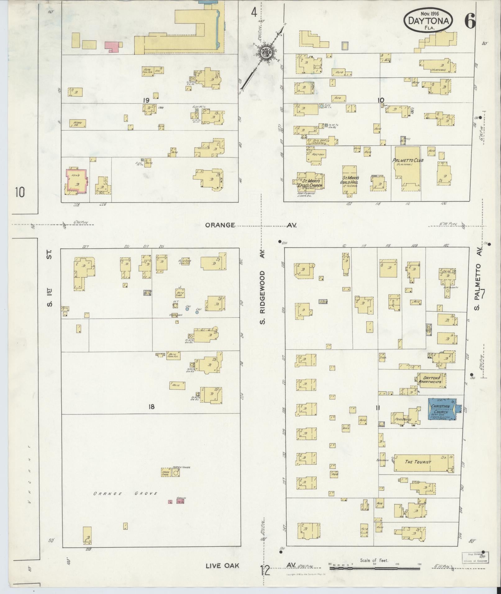 Sanborn Fire Insurance Map from Daytona, Volusia County, Florida (1916), Sheet #0006 - Historic Sanborn Fire Insurance Map Print, vintage old map wall art, antique decor, genealogy gift, Florida Florida map