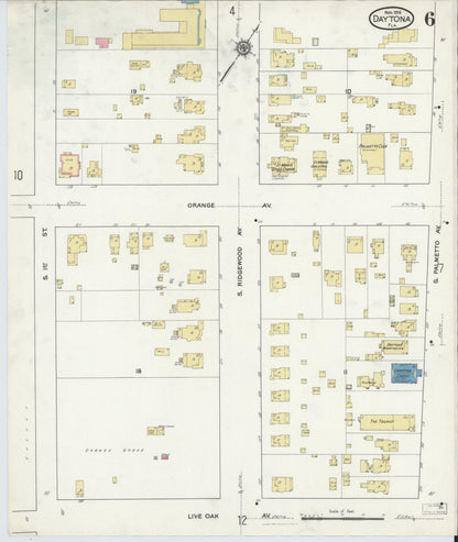 Sanborn Fire Insurance Map from Daytona, Volusia County, Florida (1916), Sheet #0006 - Historic Sanborn Fire Insurance Map Print, vintage old map wall art, antique decor, genealogy gift, Florida Florida map