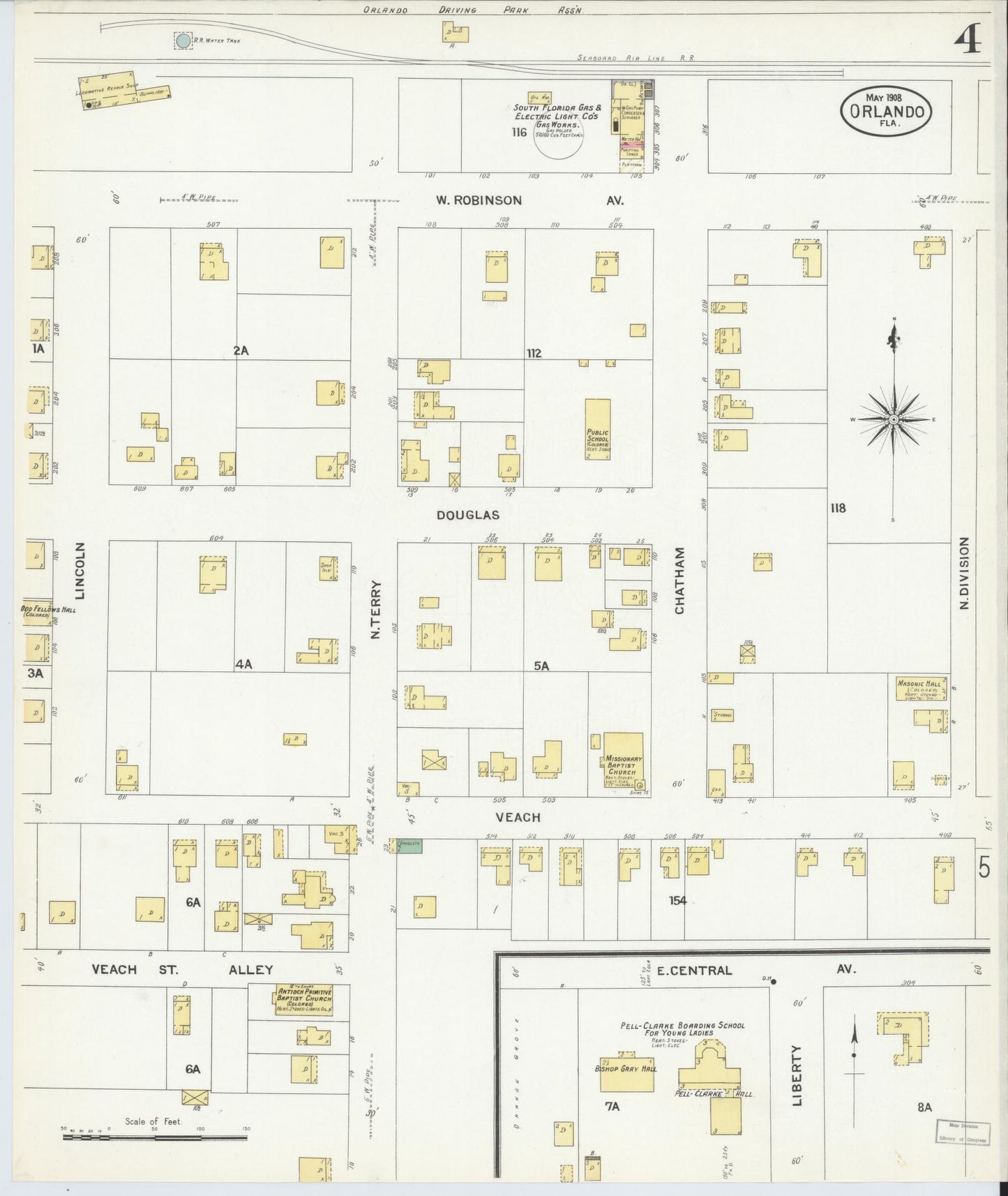 Sanborn Fire Insurance Map from Orlando, Orange County, Florida (1908), Sheet #0004 - Complete Map Set gallery image, historic Sanborn map, vintage wall art, Florida Florida