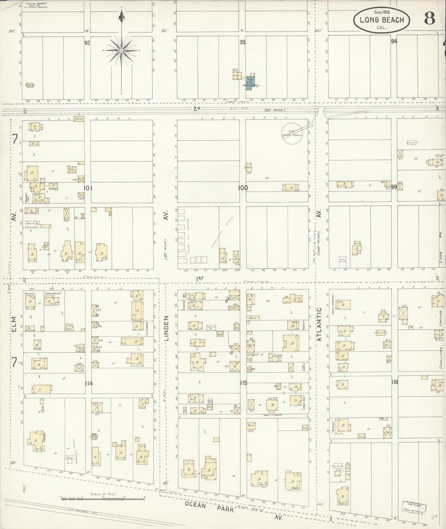 Sanborn Fire Insurance Map from Long Beach, Los Angeles County, California (1898), Sheet #0008 - Historic Sanborn Fire Insurance Map Print, vintage old map wall art, antique decor, genealogy gift, California California map