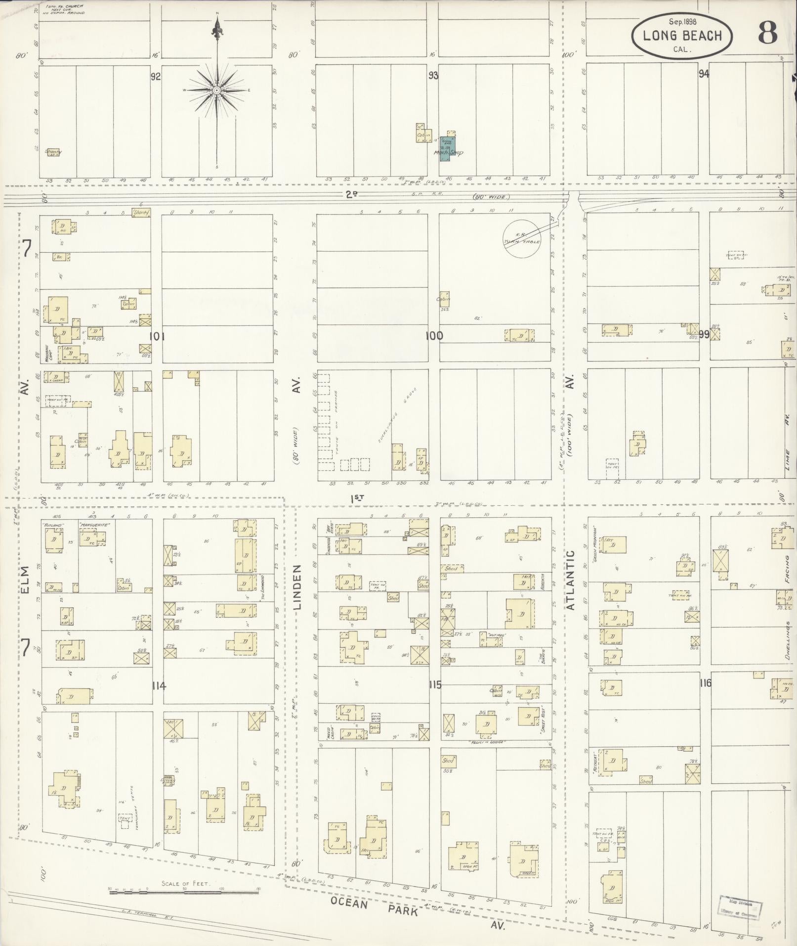 Sanborn Fire Insurance Map from Long Beach, Los Angeles County, California (1898), Sheet #0008 - Historic Sanborn Fire Insurance Map Print, vintage old map wall art, antique decor, genealogy gift, California California map