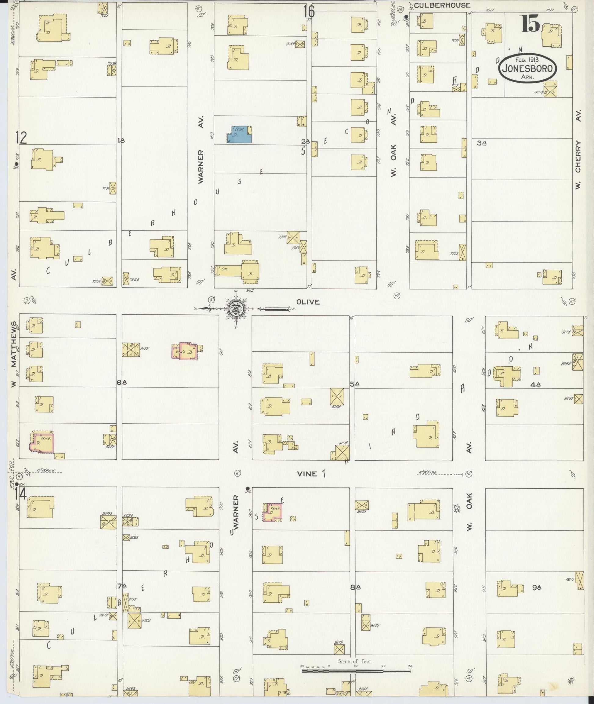 Sanborn Fire Insurance Map from Jonesboro, Craighead County, Arkansas (1913), Sheet #0015 - Complete Map Set gallery image, historic Sanborn map, vintage wall art, Arkansas Arkansas