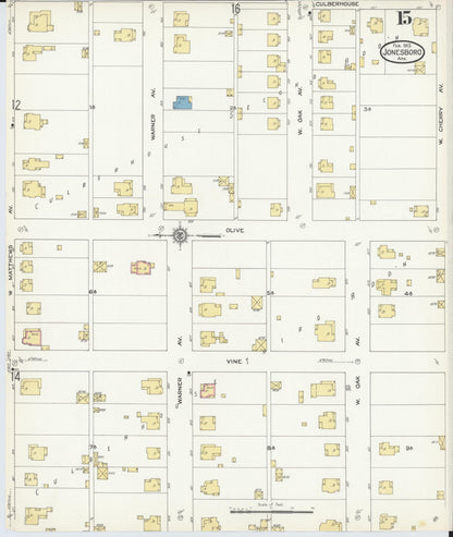 Sanborn Fire Insurance Map from Jonesboro, Craighead County, Arkansas (1913), Sheet #0015 - Complete Map Set gallery image, historic Sanborn map, vintage wall art, Arkansas Arkansas