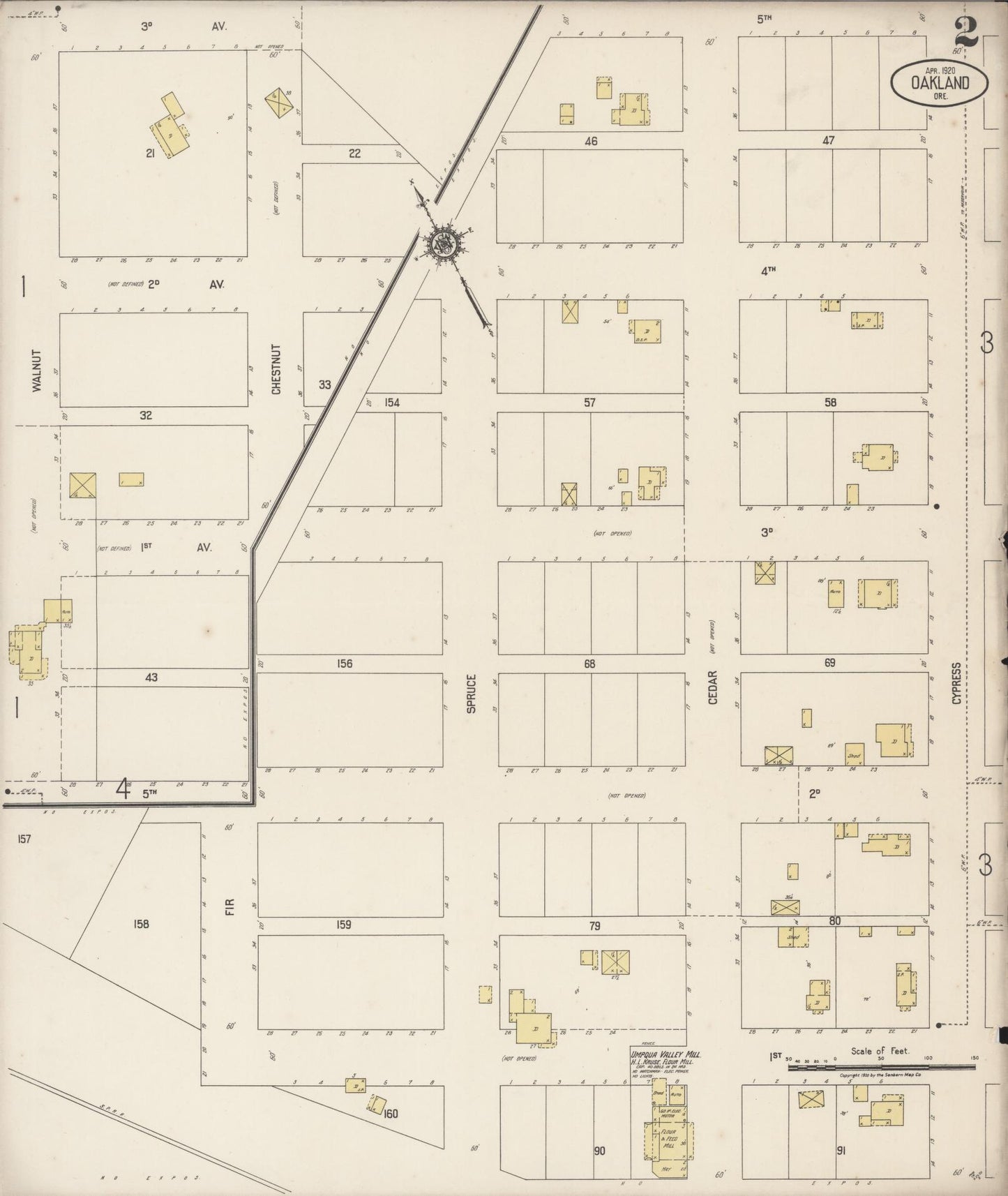 Sanborn Fire Insurance Map from Oakland, Douglas County, Oregon (1920), Sheet #0002 - Historic Sanborn Fire Insurance Map Print, vintage old map wall art, antique decor, genealogy gift, Oregon Oregon map