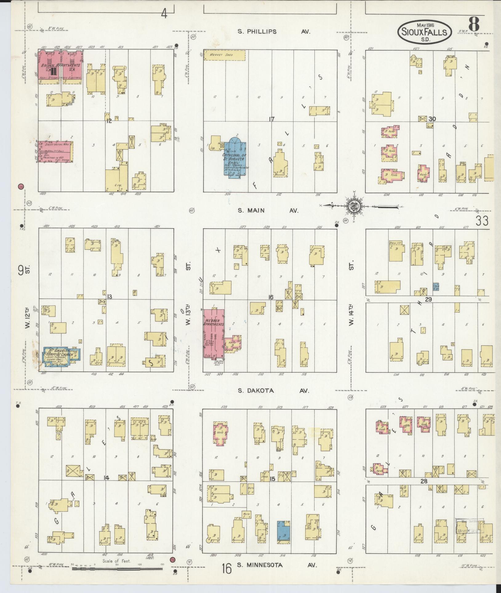 Sanborn Fire Insurance Map from Sioux Falls, Minnehaha County, South Dakota (1916), Sheet #0008 - Complete Map Set gallery image, historic Sanborn map, vintage wall art, South Dakota South Dakota