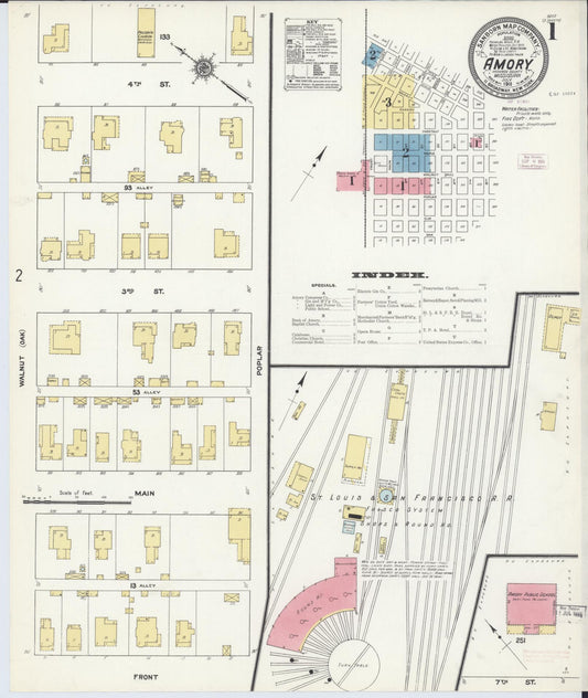 Sanborn Fire Insurance Map from Amory, Monroe County, Mississippi (1911), Sheet #0001 - Historic Sanborn Fire Insurance Map Print, vintage old map wall art, antique decor, genealogy gift, Mississippi Mississippi map
