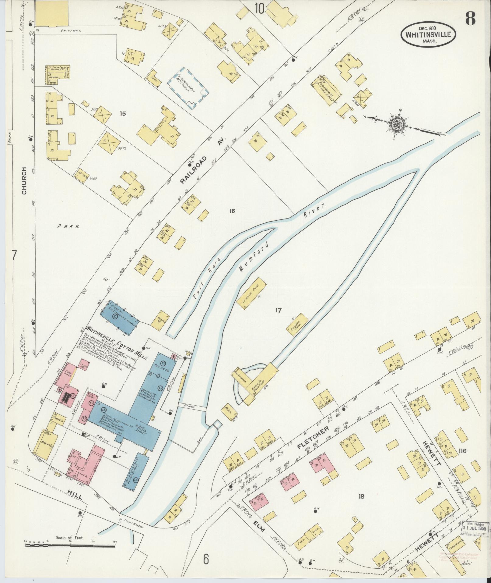 Sanborn Fire Insurance Map from Whitinsville, Worcester County, Massachusetts (1910), Sheet #0008 - Complete Map Set gallery image, historic Sanborn map, vintage wall art, Massachusetts Massachusetts