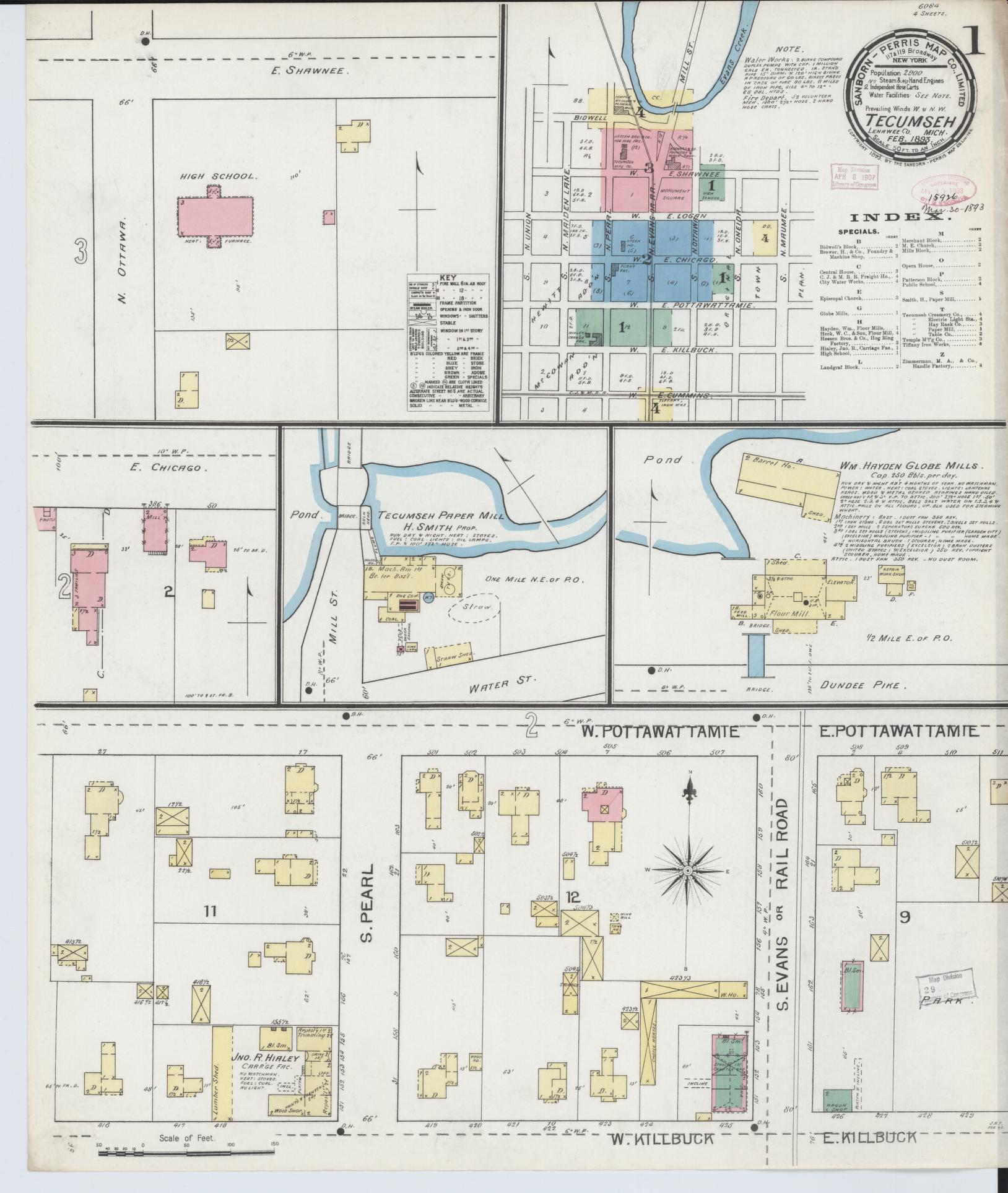 Sanborn Fire Insurance Map from Tecumseh, Lenawee County, Michigan (1893), Sheet #0001 - Historic Sanborn Fire Insurance Map Print, vintage old map wall art, antique decor, genealogy gift, Michigan Michigan map