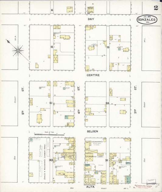 Sanborn Fire Insurance Map from Gonzales, Monterey County, California (1892), Sheet #0002 - Historic Sanborn Fire Insurance Map Print, vintage old map wall art, antique decor, genealogy gift, California California map
