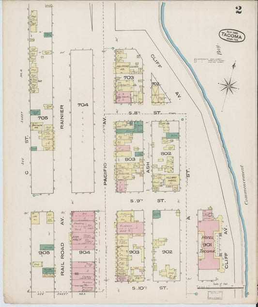Sanborn Fire Insurance Map from Tacoma, Pierce County, Washington (1885), Sheet #0002 - Historic Sanborn Fire Insurance Map Print, vintage old map wall art, antique decor, genealogy gift, Washington Washington map